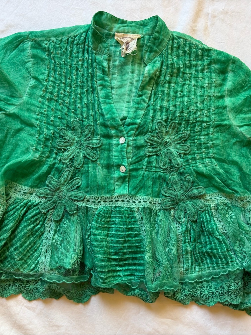 Muche et Muchette Jolene Voile Top Green Cotton Lace Embroidered Boho Blouse OS - Picture 6 of 11